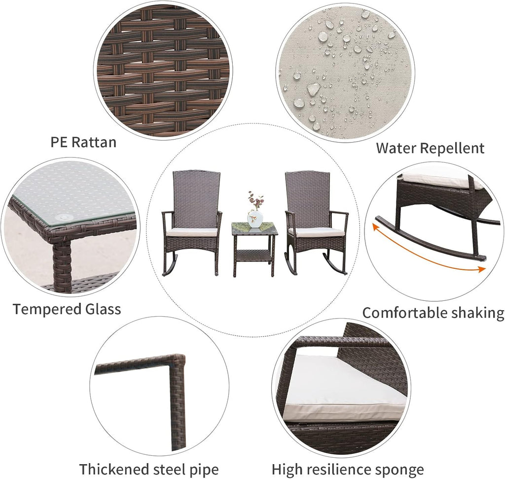 Outdoor Wicker Rocking Chair 3 Piece Porch Chairs Patio Bistro Set PE Rattan Furniture Sets with Coffee Table, Khaki