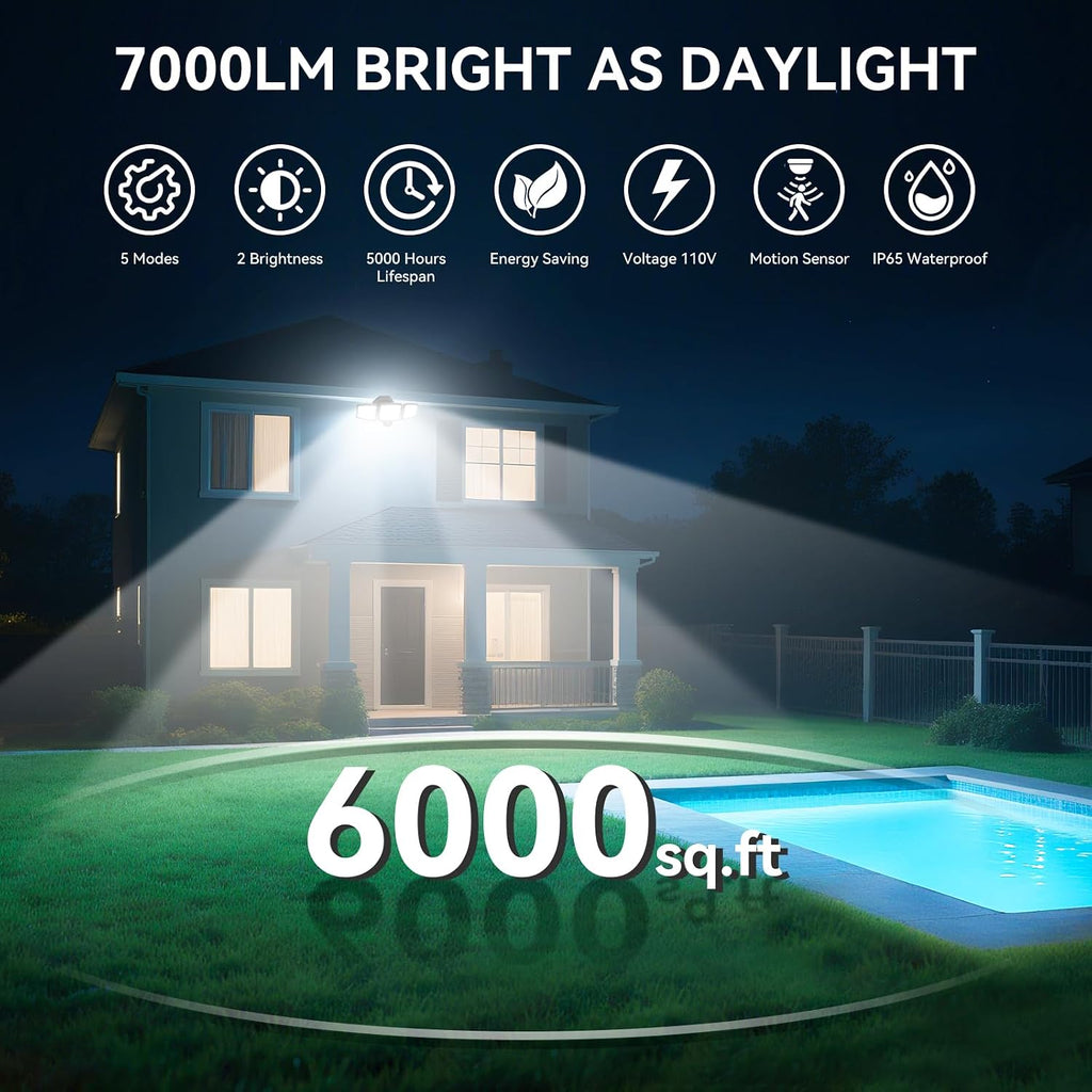 LED Security Lights Motion Sensor Outdoor Lights, 6500K Daylight, IP65 Waterproof, Dusk to Dawn, 3-Head Motion