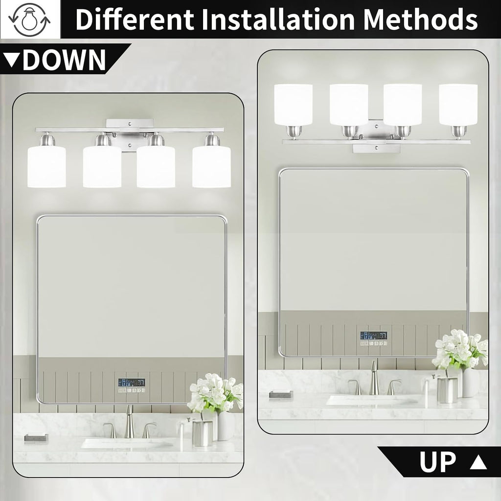 4 Light Bathroom Light Fixtures, Anti-Rust Finish Brushed Nickel Vanity Lights with Milky White Frosted Glass Shade