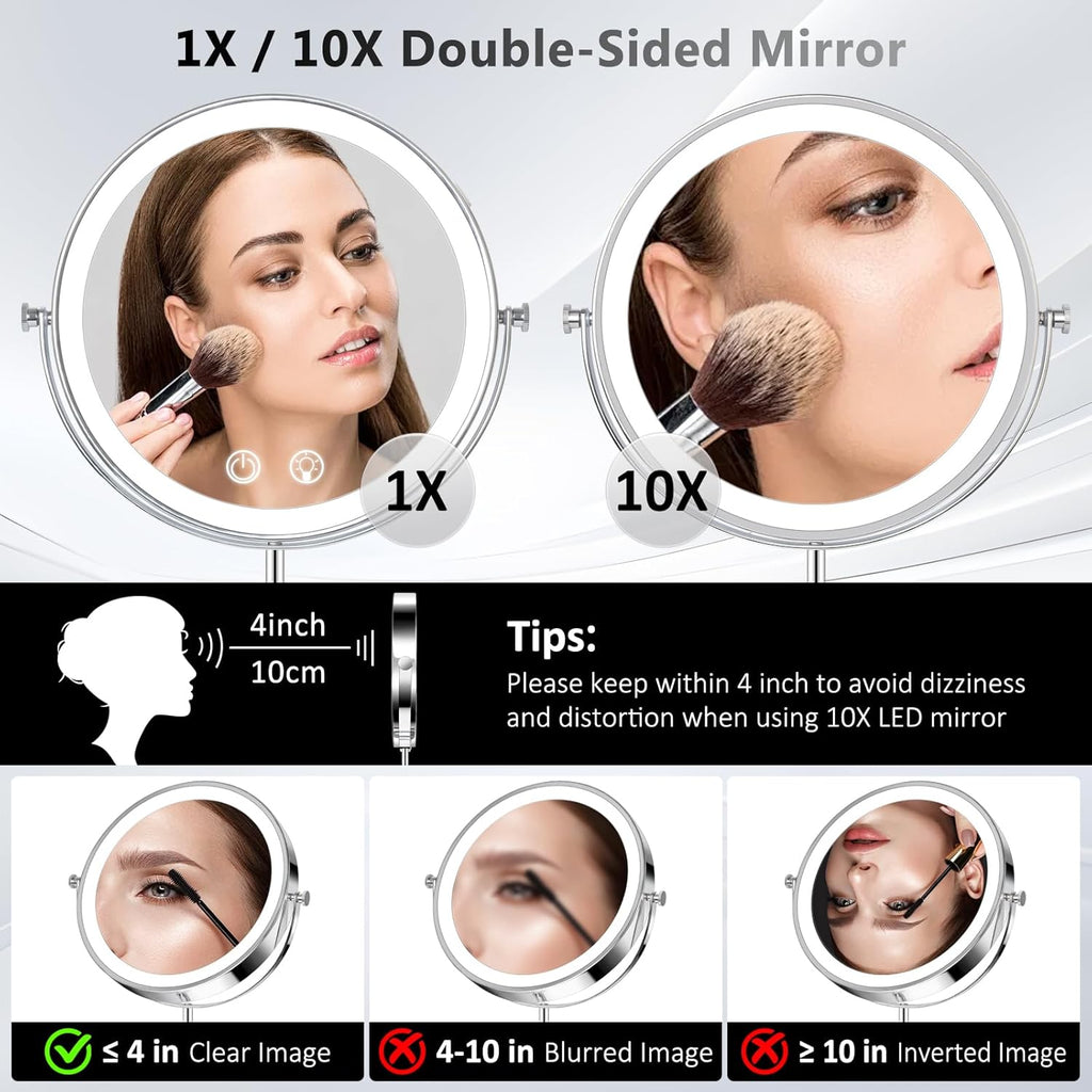 9" Makeup Mirror with Lights,5000mAh Rechargeable Vanity Mirror,1X/10X Double Sided Magnifying Mirror with Adjustable