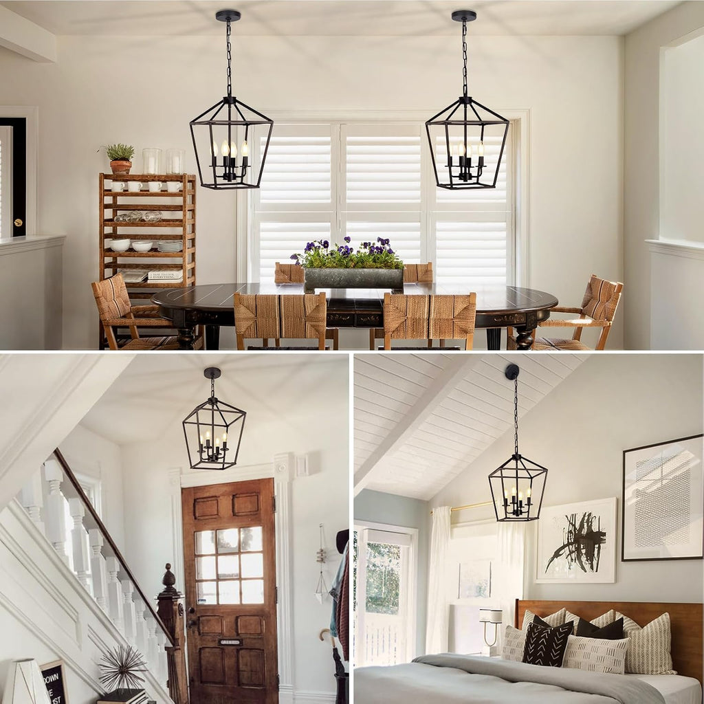 4 Light Chandelier, Industrial Ceiling Light Black Lantern Light Fixtures with Farmhouse Metal Cage Adjustable Height