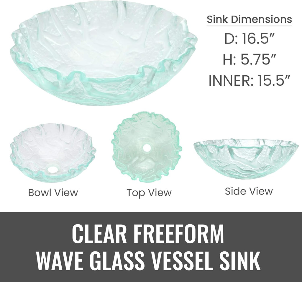 Eden Bath Clear Free-Form Wave Rim Round Glass Sink Bowl Bathroom Vessel Sink for Vanity Top