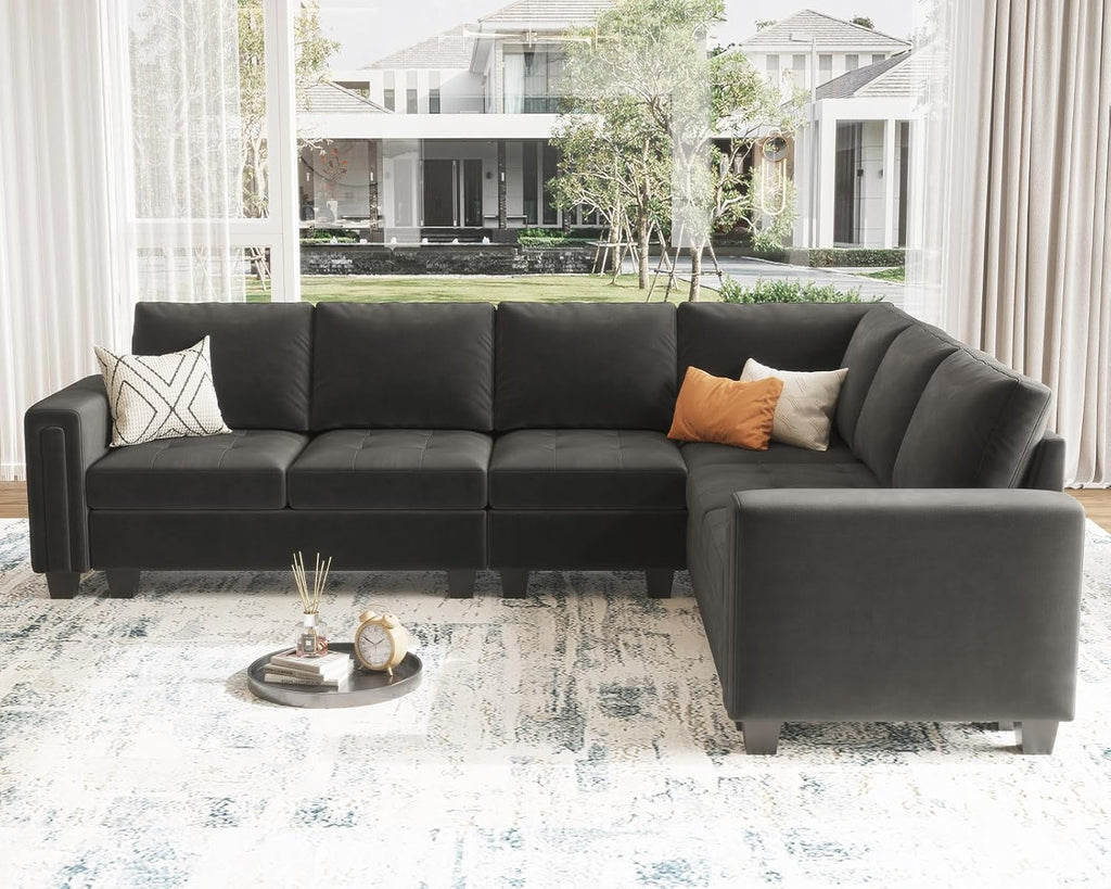 Grey Velvet L-Shape Sectional Sofa with Reversible Chaise, 107.8'L x 84.2'W x 35.8'H, Modular, Modern, Sofa Couch , 5