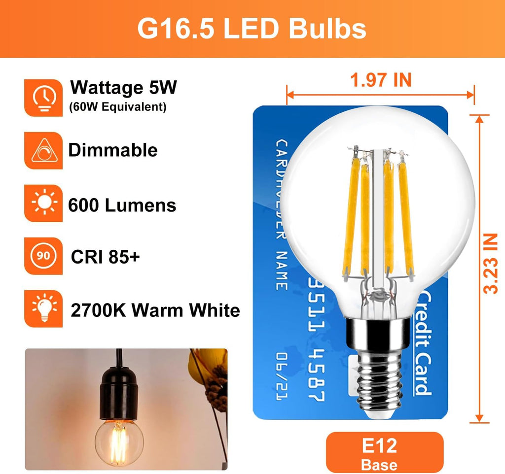 G16.5 LED Bulb 60w Dimmable 2700k Warm White 5W 120V, 3 Pack High Output Led G16.5 Clear Globe Bulb, No Flicker G
