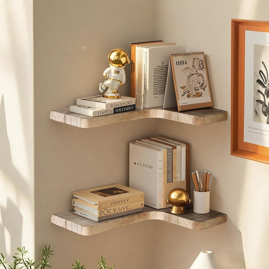 Floating Corner Shelves, Wall Shelf Set of 3, Shelves for Wall Storage, Solid Wood Shelves for Storage, Wall Mount
