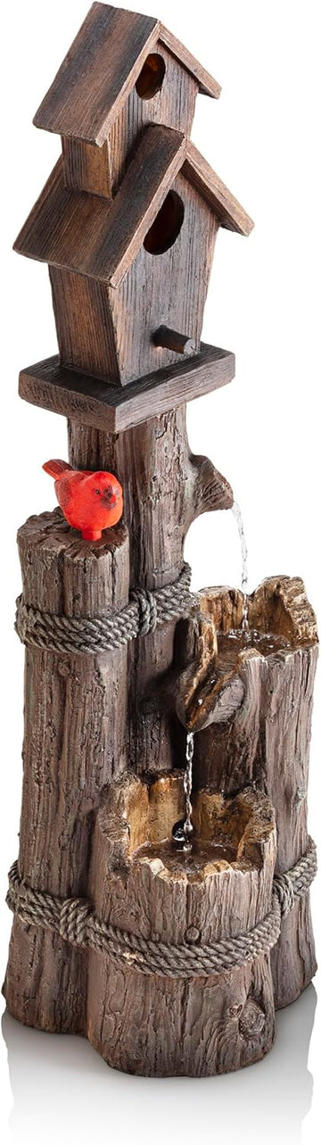 35" Tall Outdoor 3-Tier Birdhouse Water Fountain with Cardinal Accent, Rustic Floor Decor and Patio, Brown