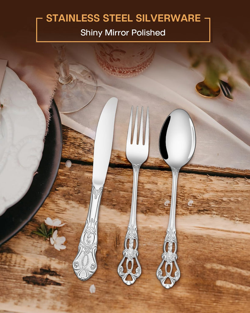 40 Pieces Royal Silverware Set, Retro Flatware Set for 8, Stainless Steel Cutlery Set with Luxury Forks Spoons and