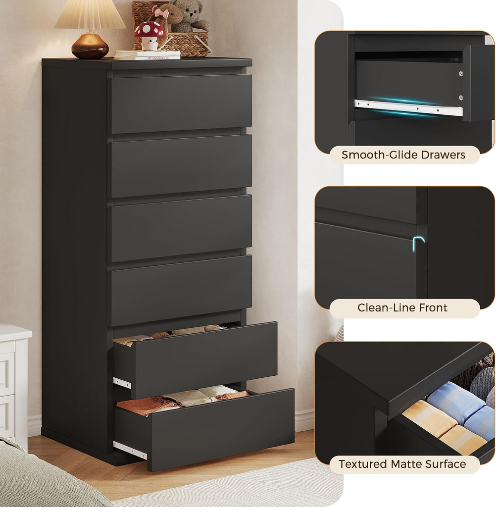 Black Dresser, 6 Drawer Dresser , Wooden Chest of Drawers with Handleless Drawers, 19.7" W x 15.7" D x 47.2" H