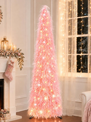 5 FT Shaggy Pop Up with 50 Timer Lights, Pink Collapsible Artificial Tinsel Christmas Pencil Tree Apartment Office