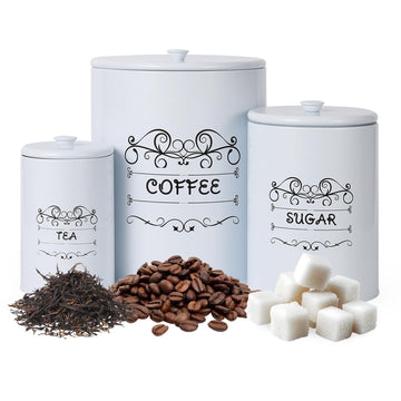 Country White Canisters Set of 3, Rustic Farmhouse Metal Containers with Airtight Lids, Kitchen Storage Canisters for