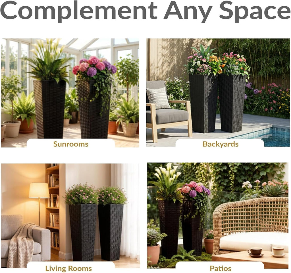 32" Tall Planter, Large Outdoor Planter Pot with Drainage | Outdoor Planter Set of 2,Removable Inner Pot,Resin