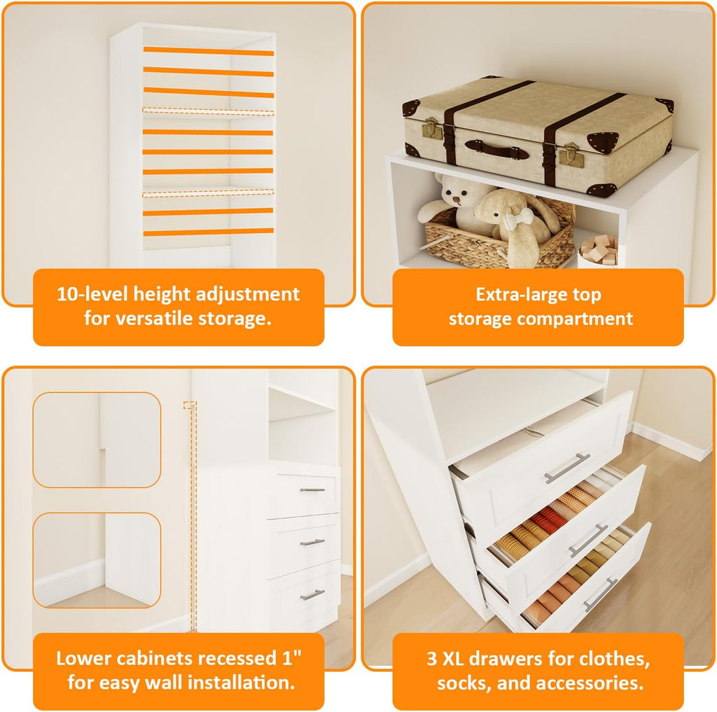 Closet System with 3 Drawers & 4 Shelves, Wood Closet Organizer System with 1 Extra Hanging Rod for Walk in Closet