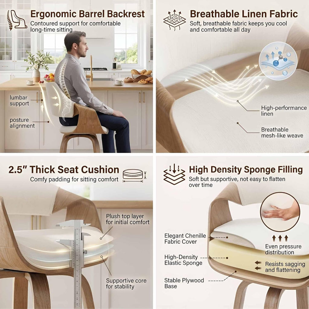 26 Inch Modern Barrel Swivel Counter Stools Counter Height Swivel Bar Stools with Backs Set of 2, Beige Linen