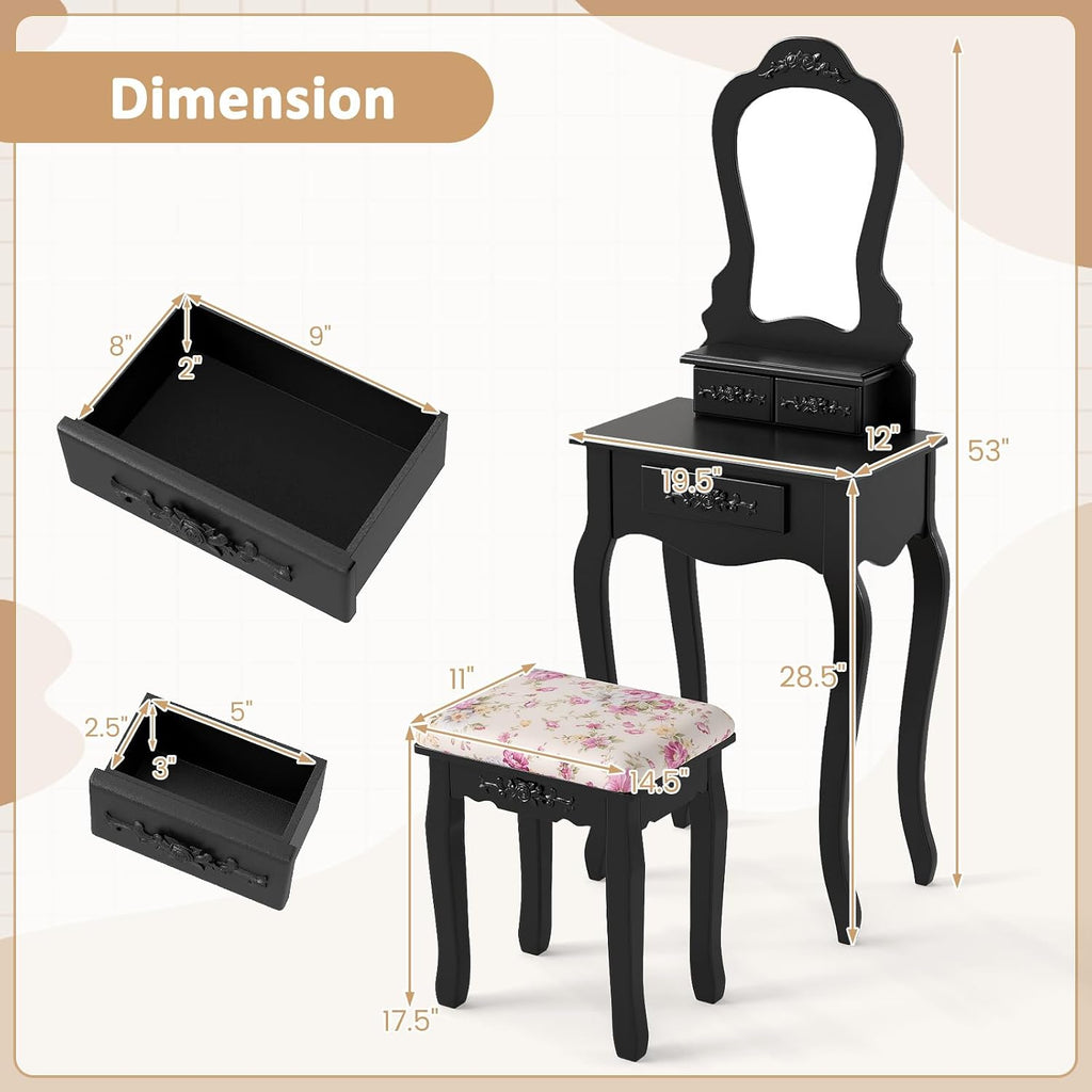Small Vanity Desk Set, Black Makeup Vanity Table with Mirror, Cushioned Stool, 3 Storage Drawers, 20 inch Girls