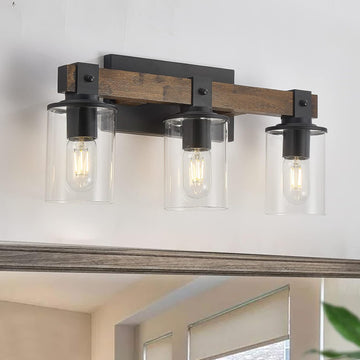 Farmhouse Vanity Light Fixture,3-Light Bathroom Wood Wall Light Over Mirror with Clear Glass Shade, Rustic Vintage