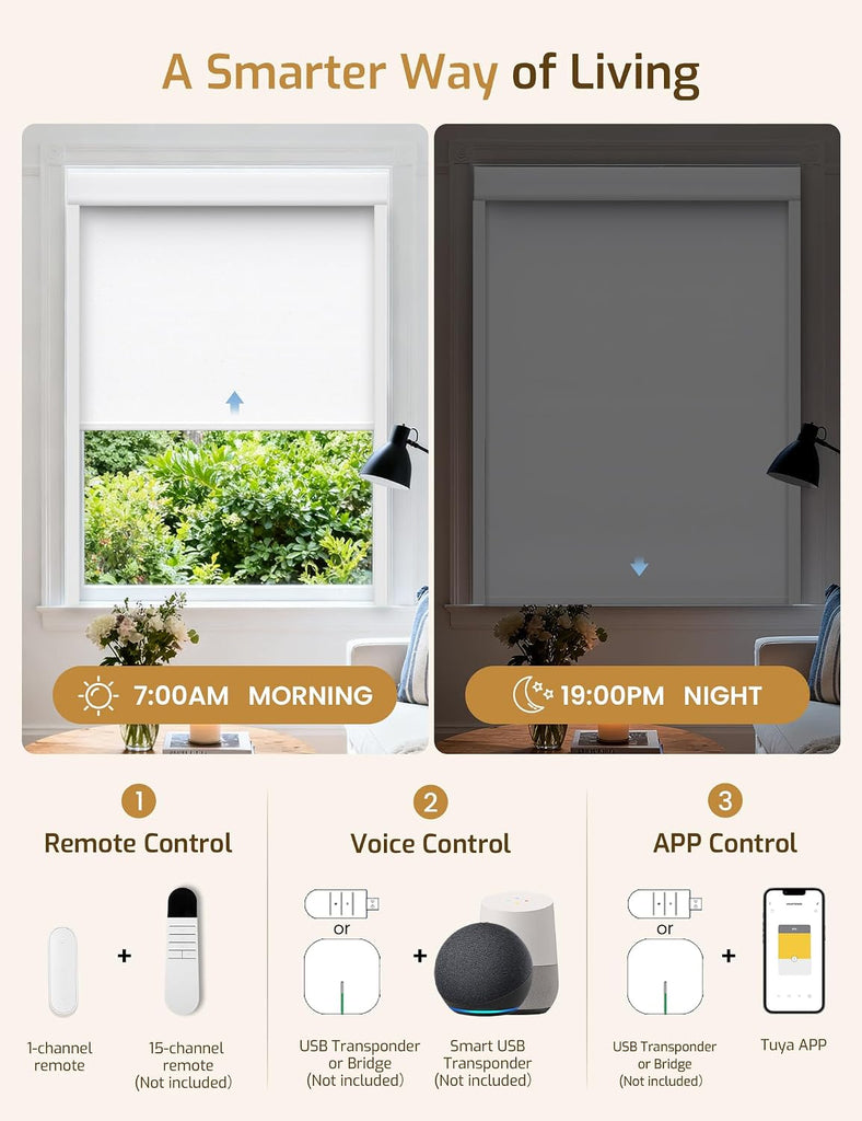 No-Drill No Tools Motorized Blinds with Remote | 27Wx72H White