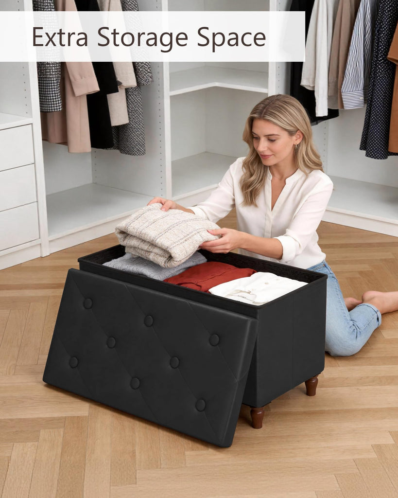 30 Inches Ottoman with Storage, Folding Bench with Legs, Black