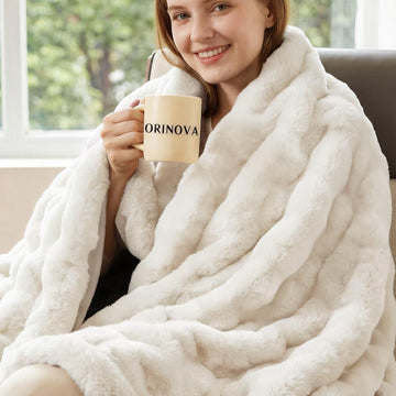 Light Beige Cozy Faux Fur Throw Blanket