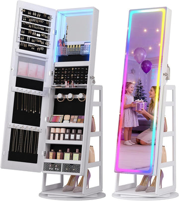RGB Jewelry Cabinet with Full Length Mirror, 360° Rotating Lockable, 12-Zone Velvet Floor Standing Jewelry