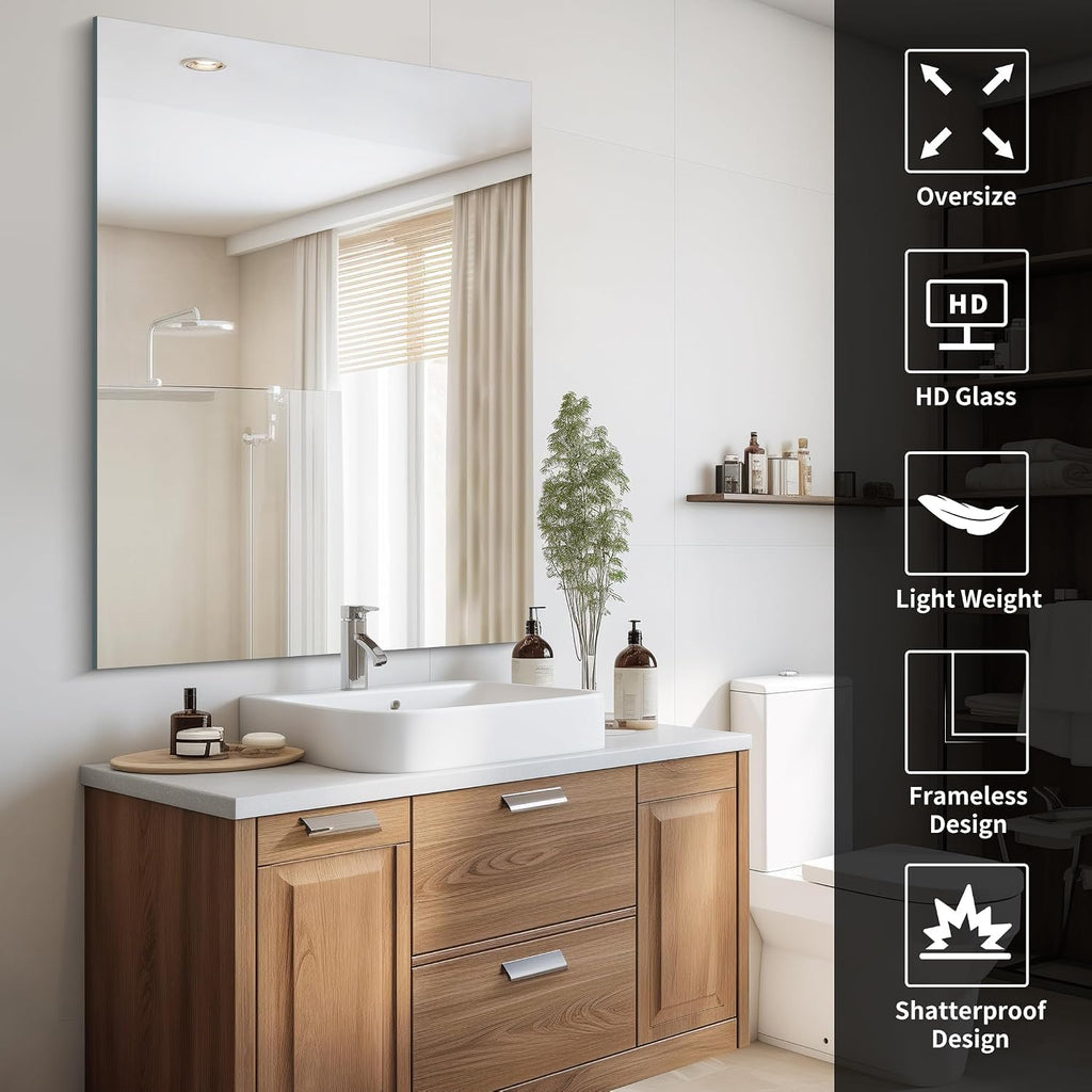 Frameless Mirror, 36x48 Rectangle Bathroom Vanity Mirror with Polished Edge, 3mm Tempered Glass, Wall Mounted