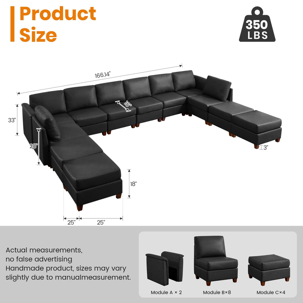 166" Modern Sectional Sofa, Faux Leather Modular Sectional Couchs with Storage Waterproof Convertible U/L Shaped Wide