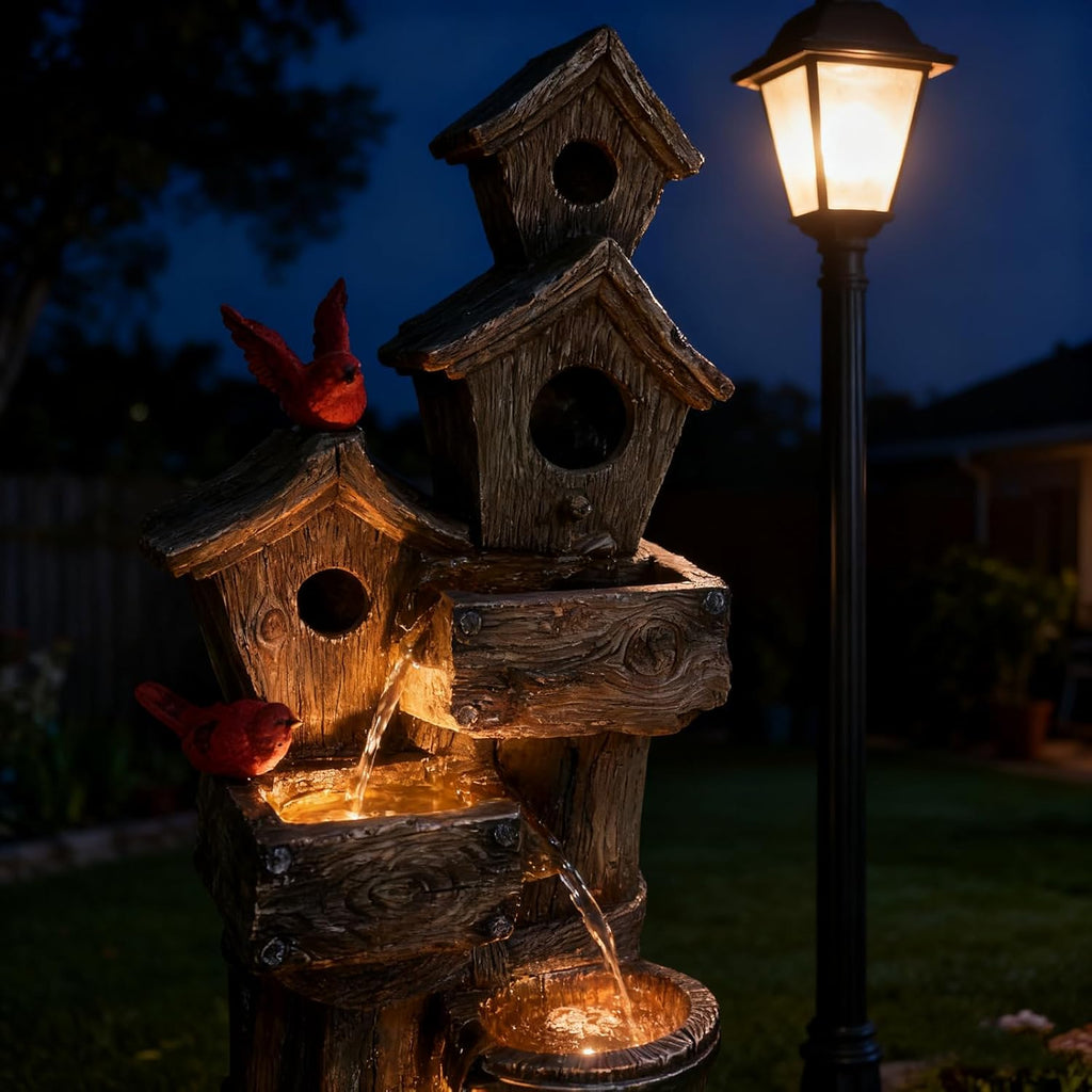 35" Tall Outdoor 4-Tier Birdhouse Floor Standing Water Fountain with LED Lights