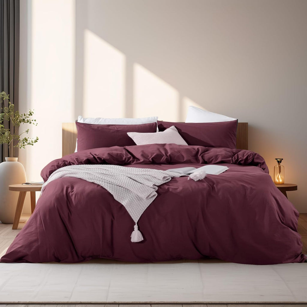 Duvet Cover Set Linen Look Textured 100% Washed Cotton Duvet Cover Burgundy Dark Red 3 Pieces Bedding Set