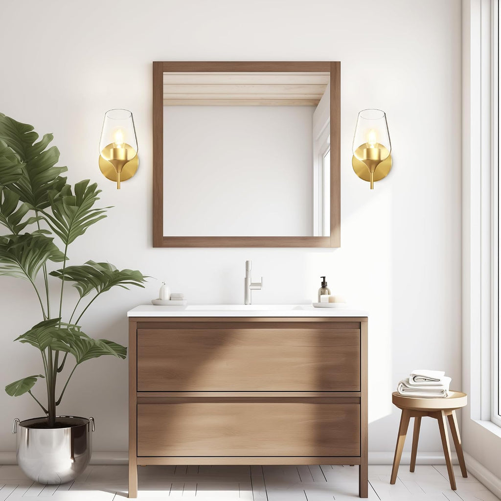 Gold Sconces Wall Lighting Set of 2, Bathroom Wall Lighting Fixtures Brass, Modern and Vintage Wall Lights with Clear