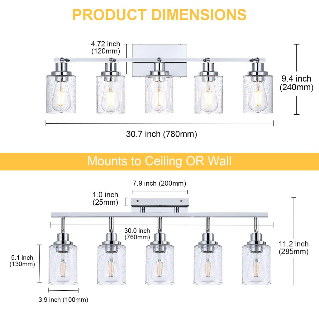Chrome Track Light Fixture Ceiling Track Lighting Kit with Seeded Glass Track Lighting Heads Ceiling Vanity