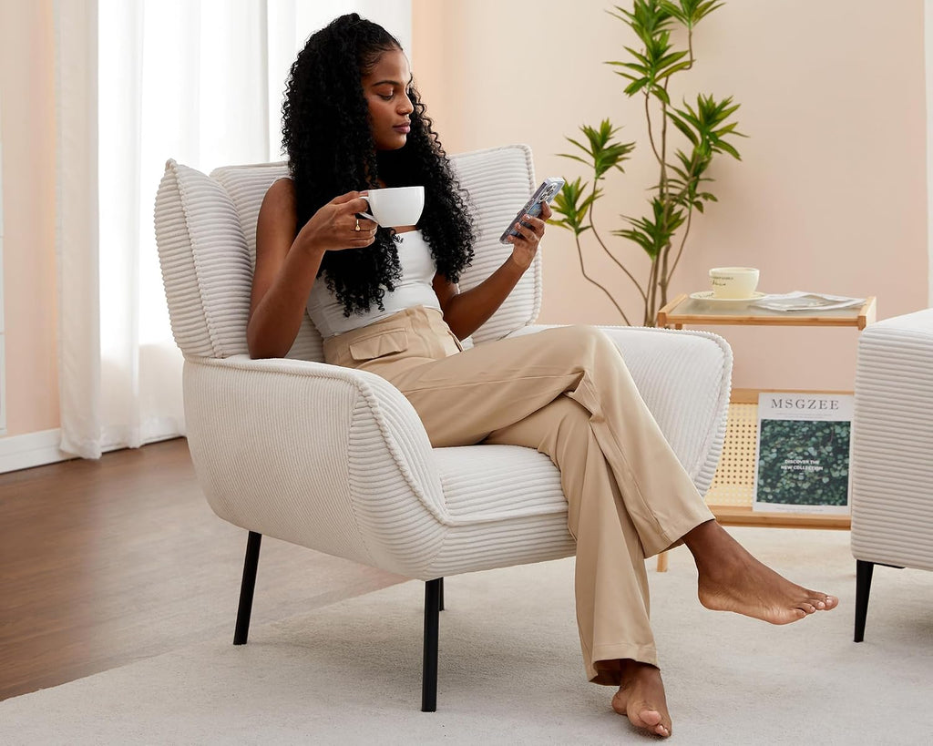 Corduroy Wingback Accent Chair, High Back Armchair with Deep Seat, White | Classic Wingback Style, 32D