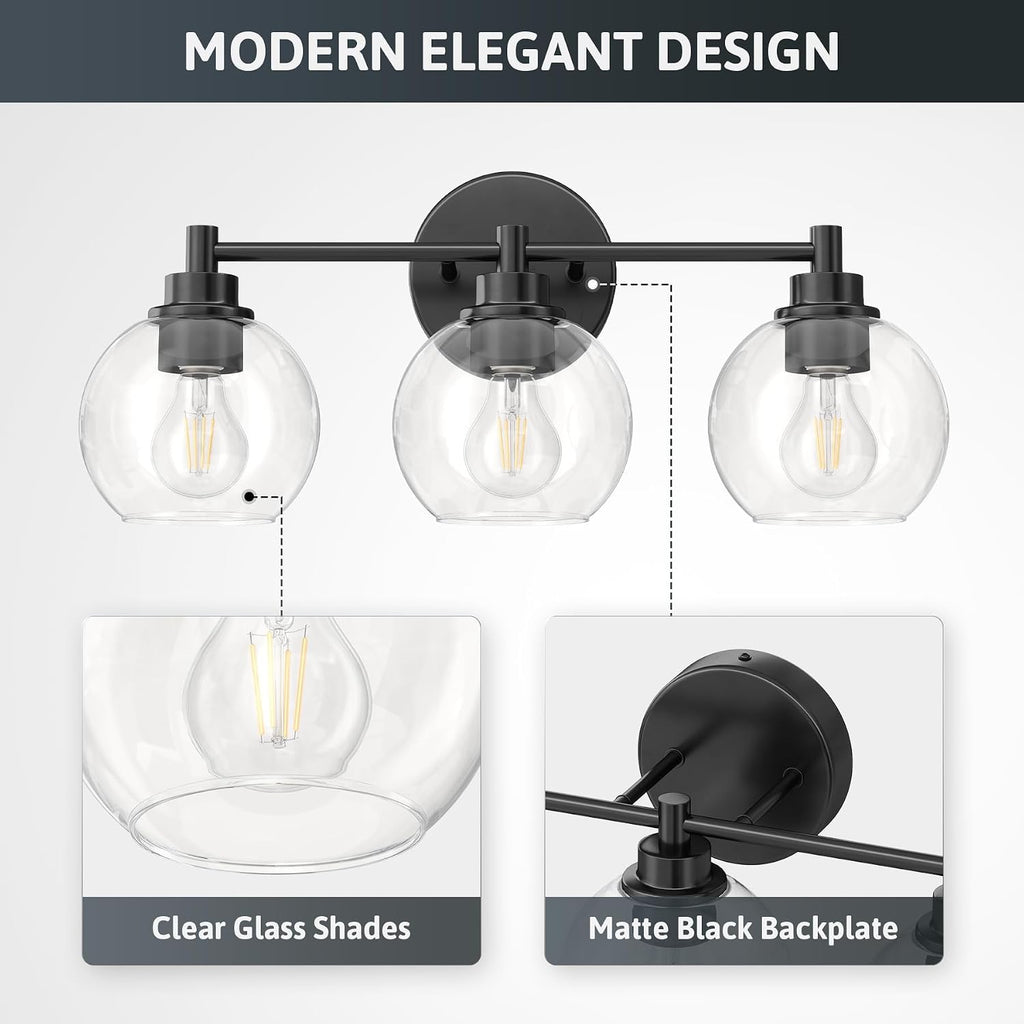 3 Light Bathroom Vanity Light Fixtures, Black Finish | Globe Glass Shades, E26 Sockets, Easy to install, Vanity