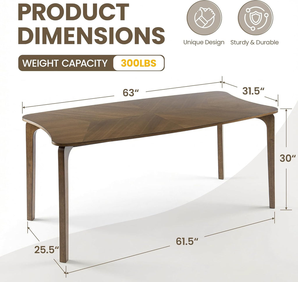 Modern Curved Edge Dining Table, 63" Solid Wood Kitchen Table with Herringbone Pattern Mid-Century Rectangular Dinner
