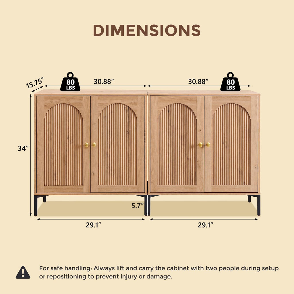 Modern Buffet Cabinet with Storage, 61.75" W Fluted Arched Sideboard Cabinet w/Adjustable Shelves