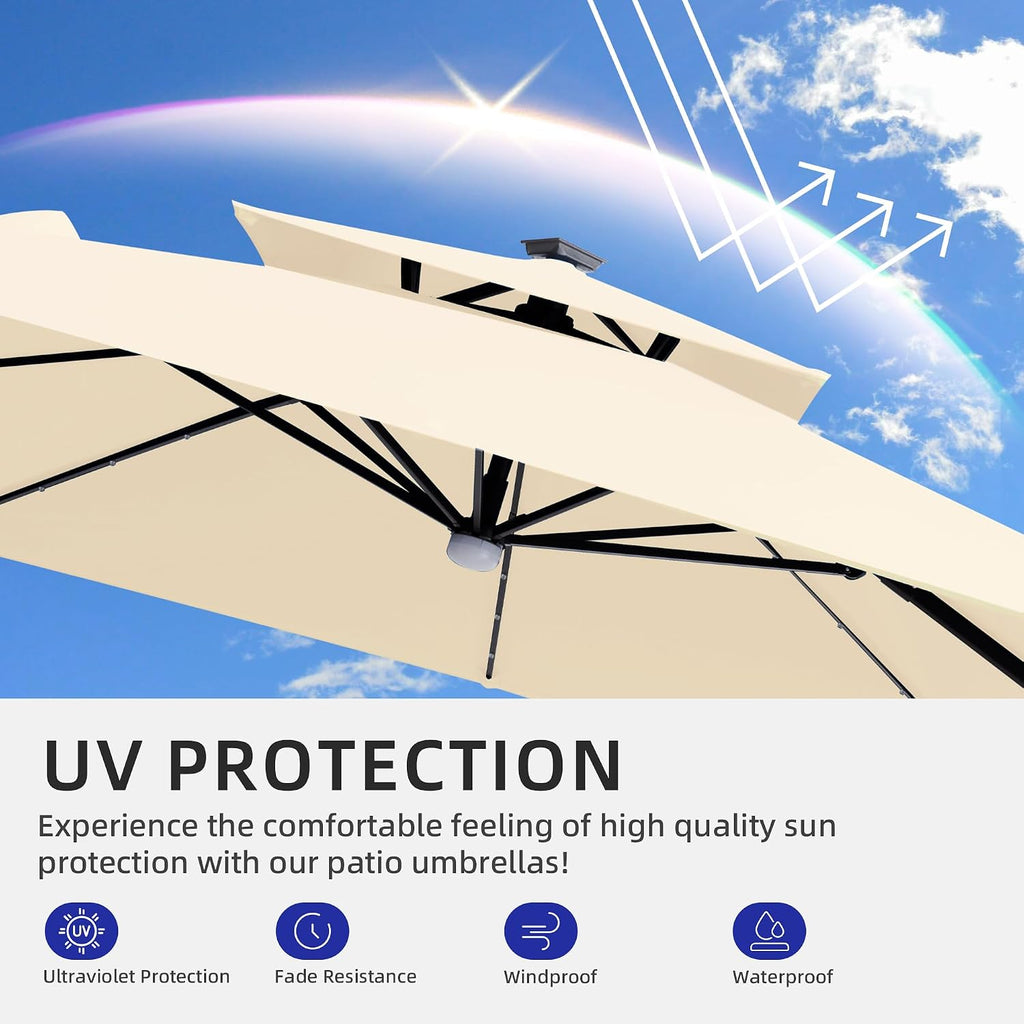 9x9 FT Cantilever Patio Umbrella with Base & Solar LED, Beige | 9x9 FT square shade, weighted base included