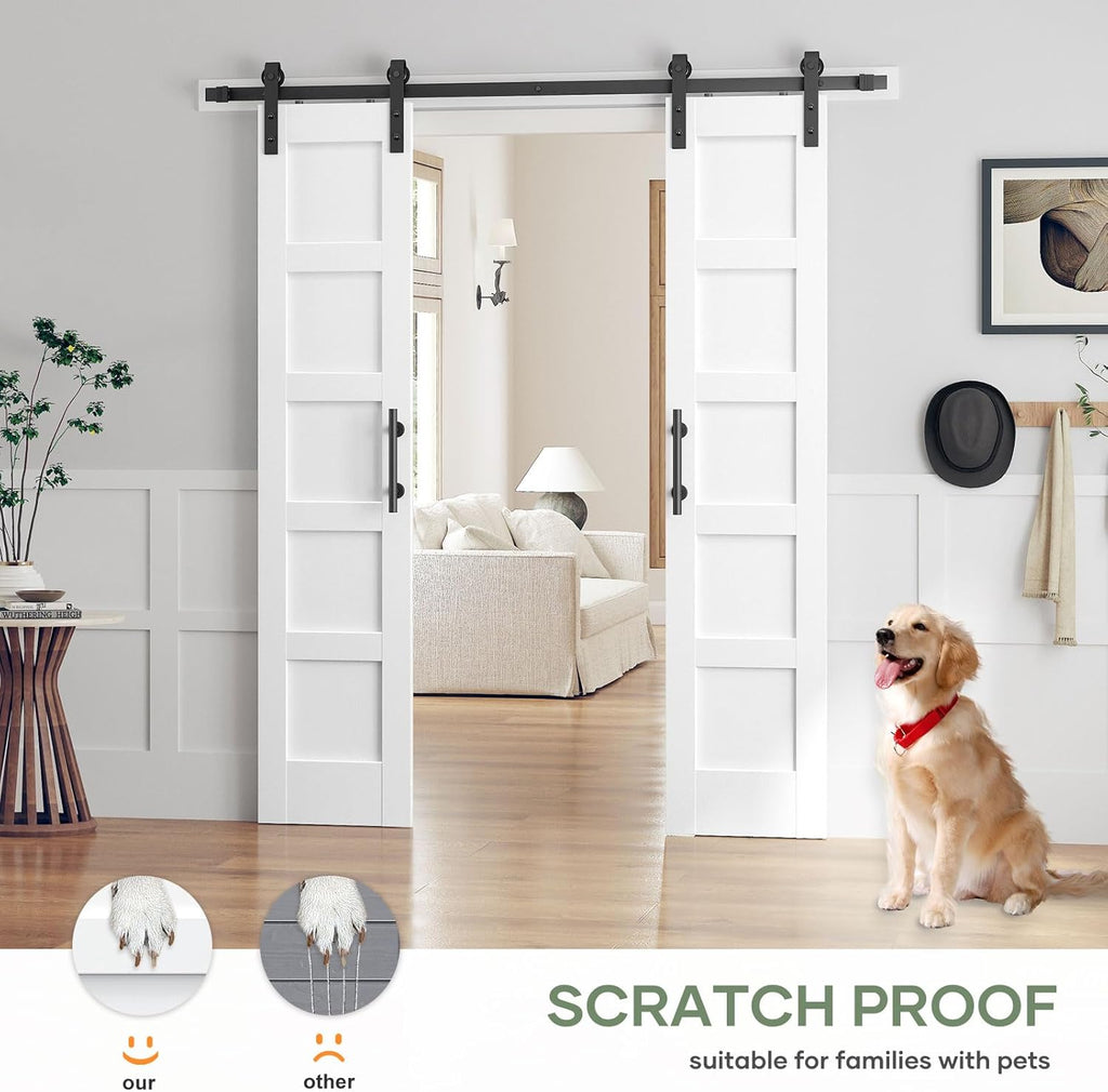 Double 18×84 Inch White Sliding Barn Door Slab with 6.6ft Hardware Kit Included, 5-Panel, MDF Wood P