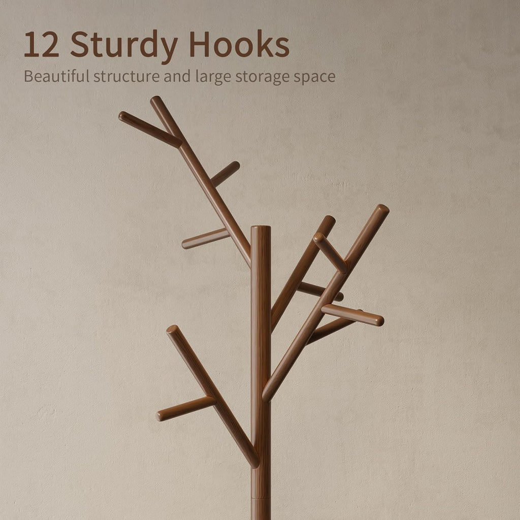 Coat Rack, Solid Wood Coat Rack Freestanding With 12 Hooks, Coat Tree Freestanding Heavy Duty 3 Adjustable Heights