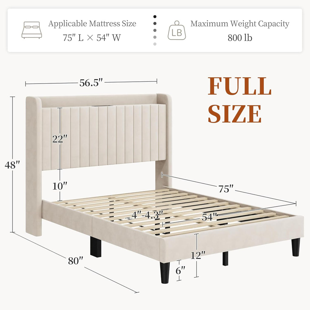 Full Bed Frame with USB Charging Station and Storage Shelf/Upholstered Headboard Platform Bed with Wing Side/Wooden