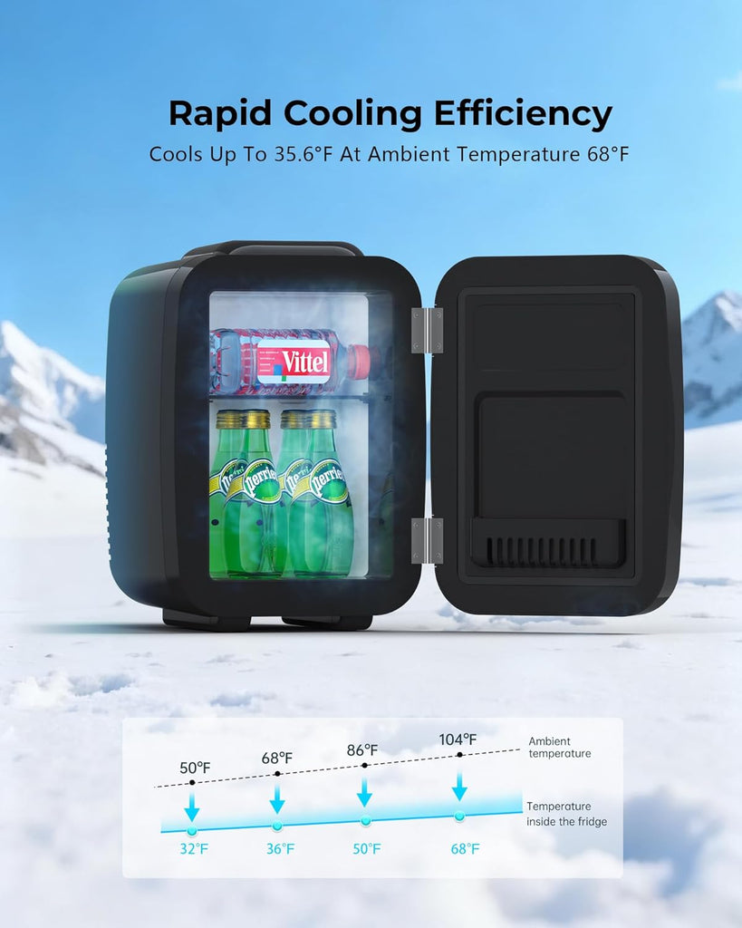 Mini Fridge, 4 Liter/6 Can Portable Refrigerator for Bedroom Office Dorm Car - Fast Cooling, Low Noise, 100-125V