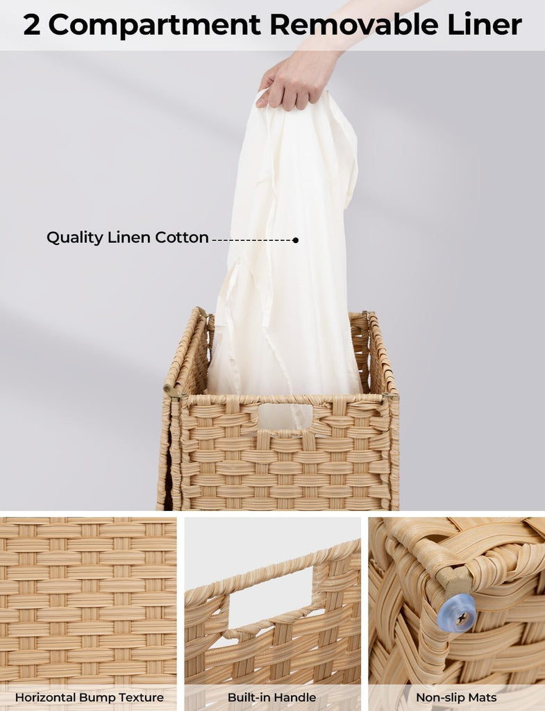 Laundry Hamper with Lid, 90 L Rattan Clothes Laundry Basket with Lid and Handles, Foldable Clothes Hamper, Removable