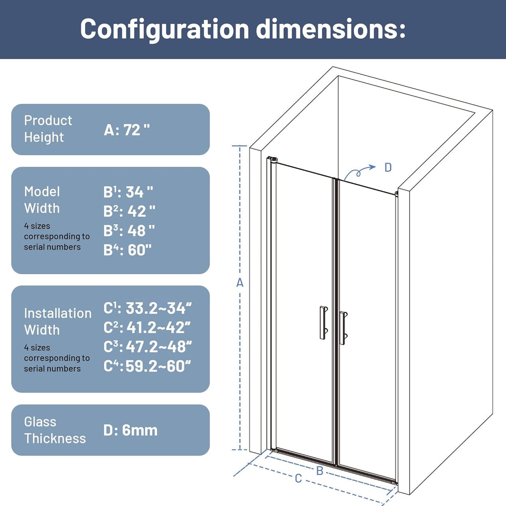 34" W ×72" H Frameless Pivot Shower Door, Pivot Swing Shower Glass Door