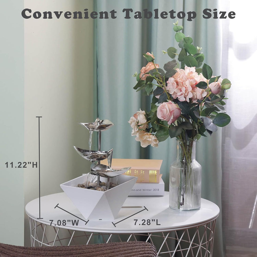 Tabletop Water Fountain Indoor - Handcrafted 3-Tier Waterfall 304 Metal Easy "+" "-" On/Off Switch, Quiet Pump, Zen