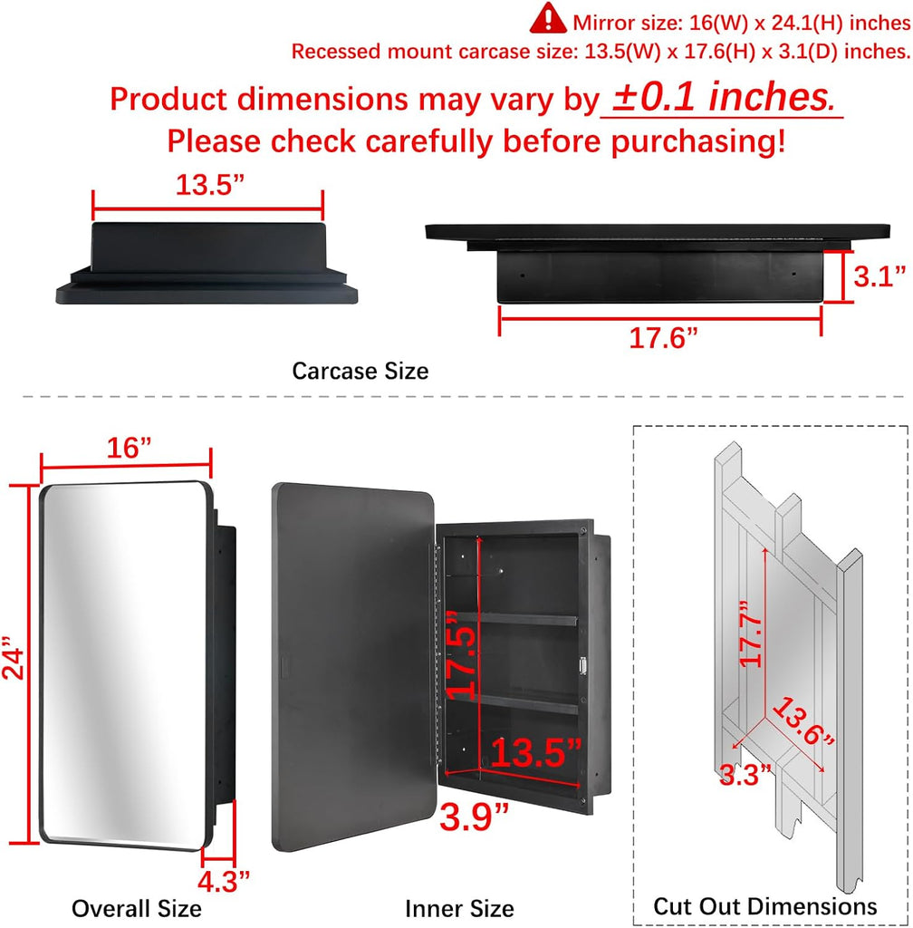 Plastic Black Medicine Cabinet 16x24 Beveled Mirror, Recessed/Surface Mount | Black Metal-Framed Bathroom Mirror