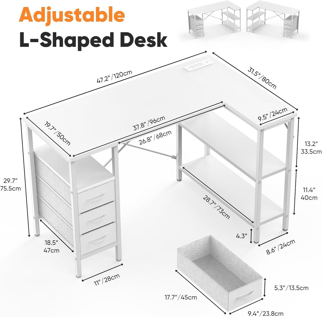 L Shaped Desk with Shelf Drawers 47 Inch, White Corner Computer Desks Gaming with Power Outlet