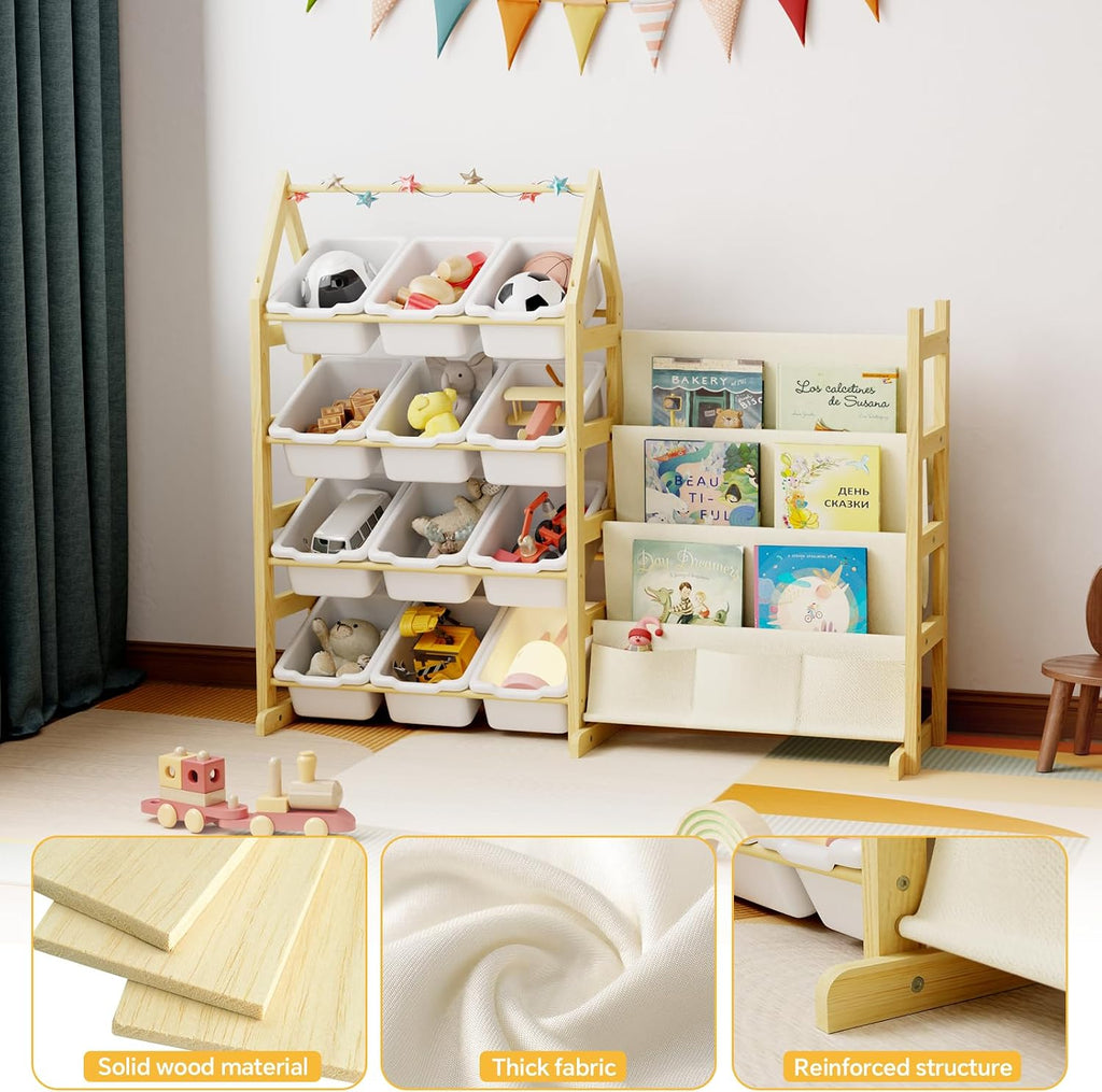Wooden Toy Storage Organizer Kids Bookshelf, with 12 Toy Organizer Bins, Child Book Shelf for Kids Rooms, Nursery