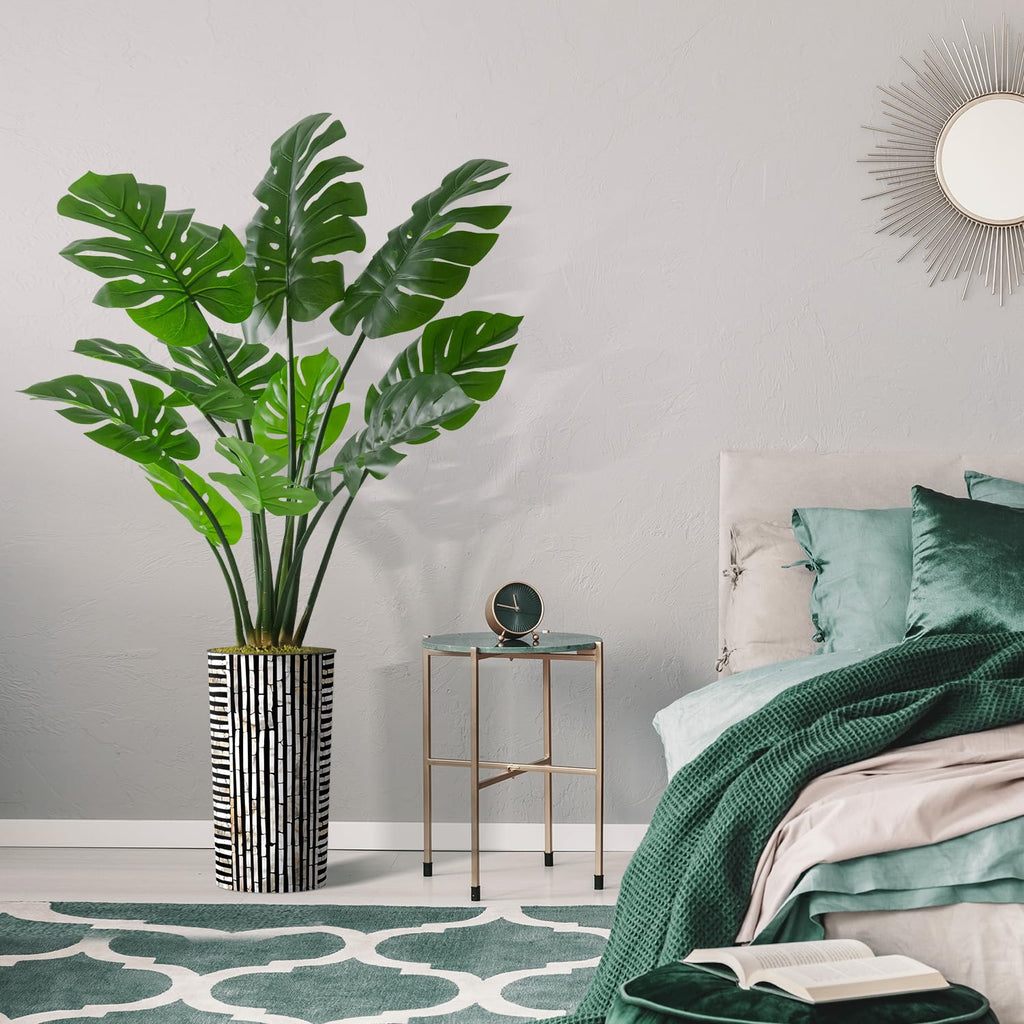 Artificial Tree in Black and Brown Striped Planter, Fake Monstera Silk Tree for Indoor and Outdoor Home Decoration