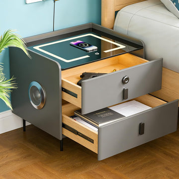 Smart Nightstand Wireless Charging, Modern Nightstand with Fingerprint Locking Drawer, 2 USB & LED Lights Bluetooth