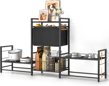 Elevated Dog Bowl Stand with 2 Feeding Stations, Adjustable Raised Feeding Station Cabinet with Toy Bin Basket
