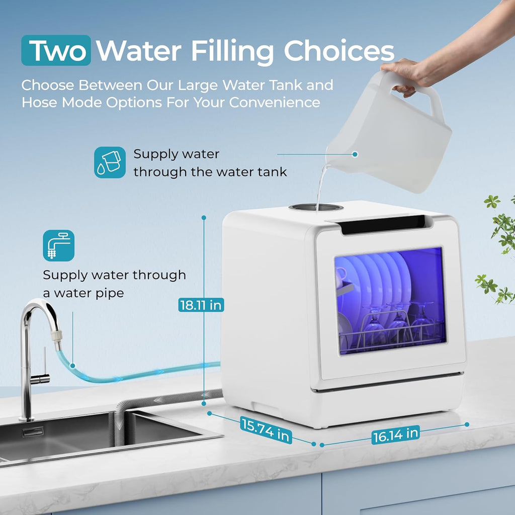 Countertop Dishwasher Portable with 8 Programs, 5L Built-in Water Tank, 167℉ High-Temp, No Hookup Needed