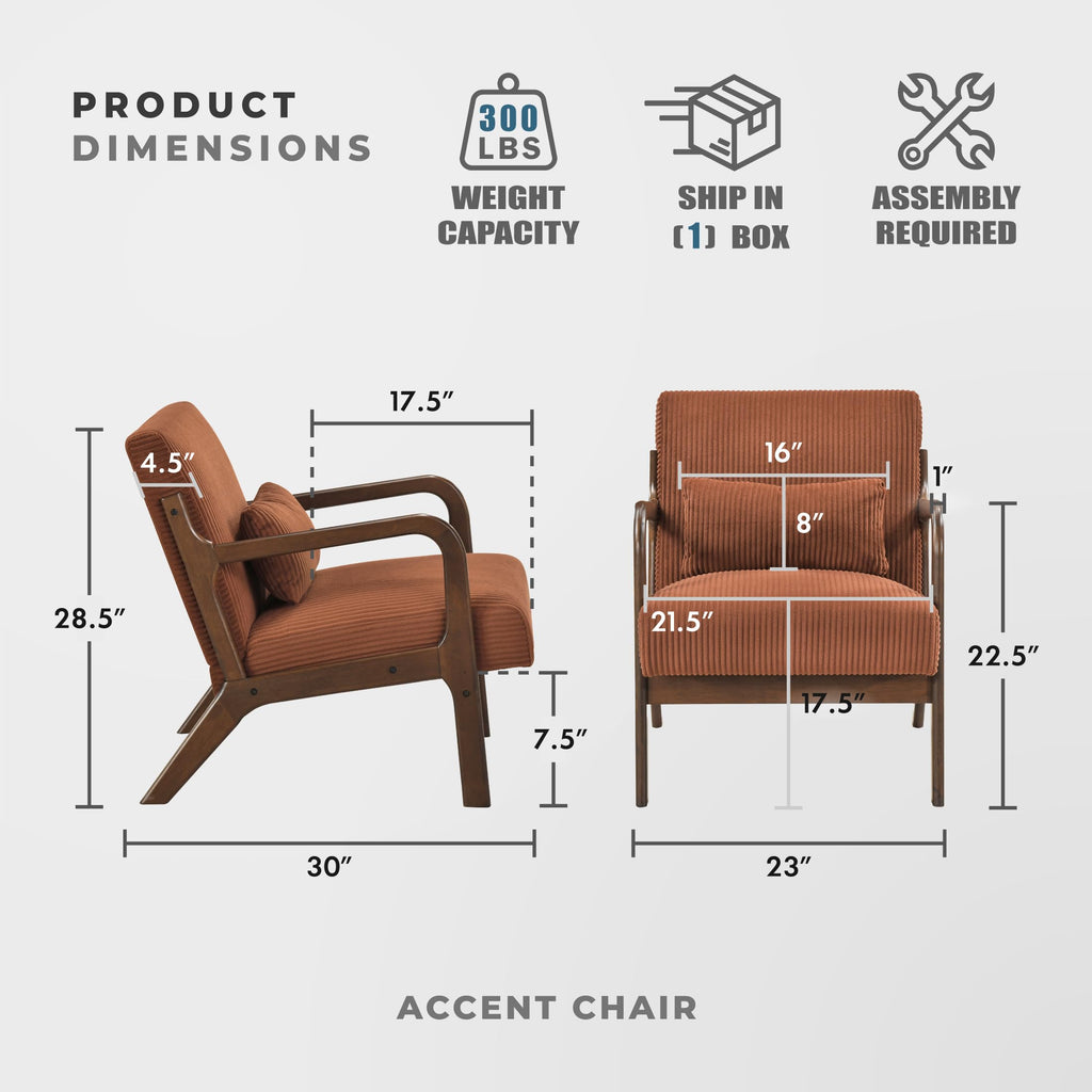 Mid Century Modern Accent Chair-with Solid Wood Armrests and Legs, 1 Lumbar Pillow, Cushioned Seat and Backrest