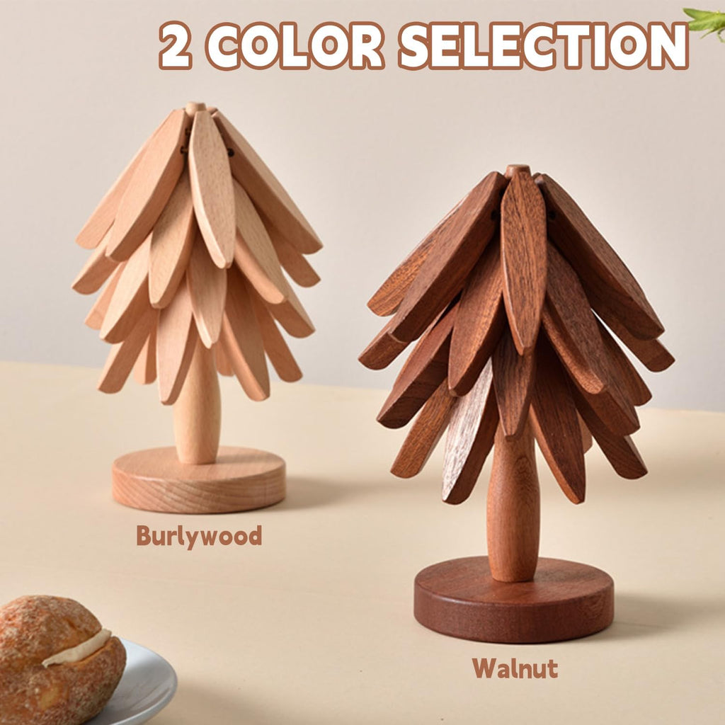 Natural Foldable Black Walnut Wooden Trivet Set - 4 Trivets + 1 Stand for Hot Dishes, Pot, Bowl, Teapot, Hot Pot